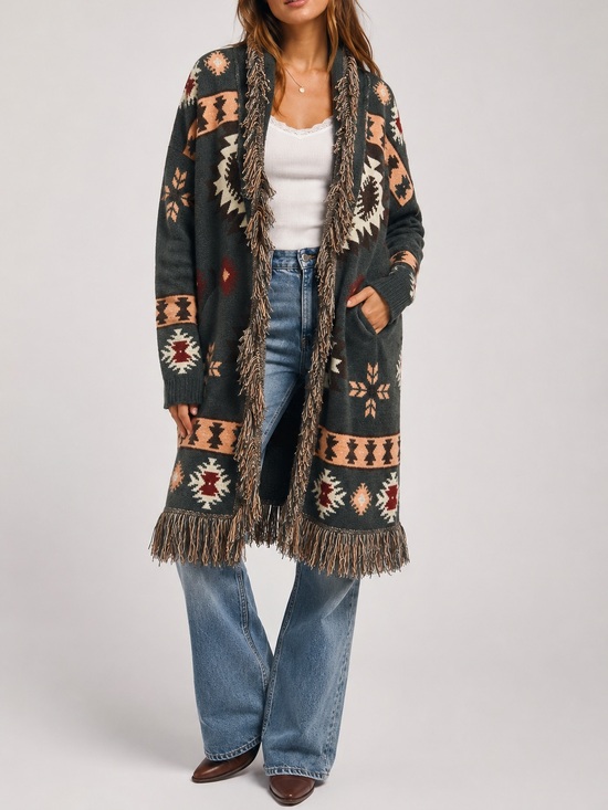 JODIFL Sweaters - Jodifl Southwestern Fringe Cardigan Duster Large Boho Aztec Open Front Pockets